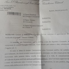 Decreto di diffida dalla prefettura giunto ai consiglieri comunali barlettani