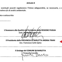 Sul protocollo d'intesa per il monitoraggio ambientale mancherebbe la firma del presidente della provincia Bat, Francesco Spina.