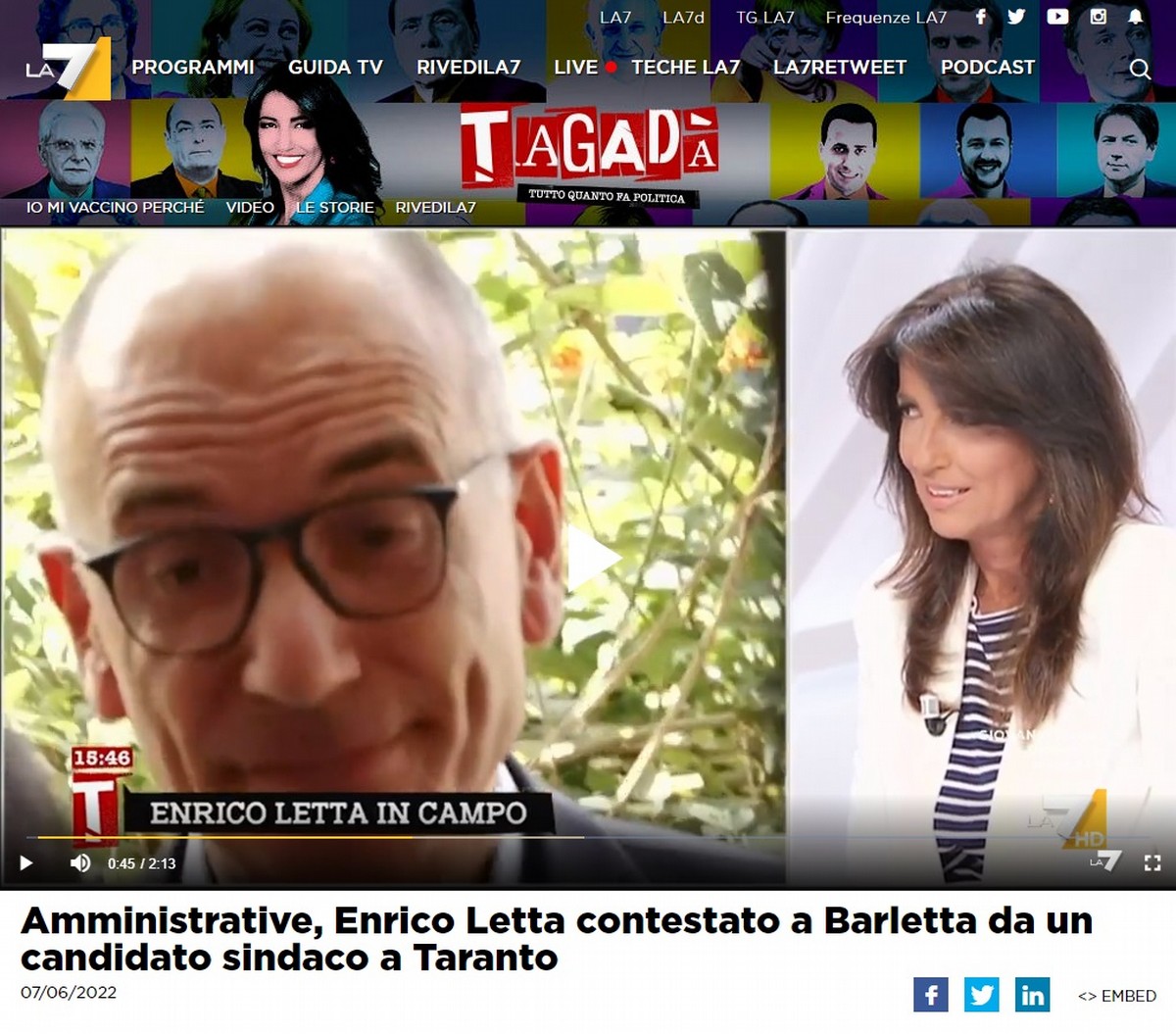 Enrico Letta contestato a Barletta, la diretta finisce su La7
