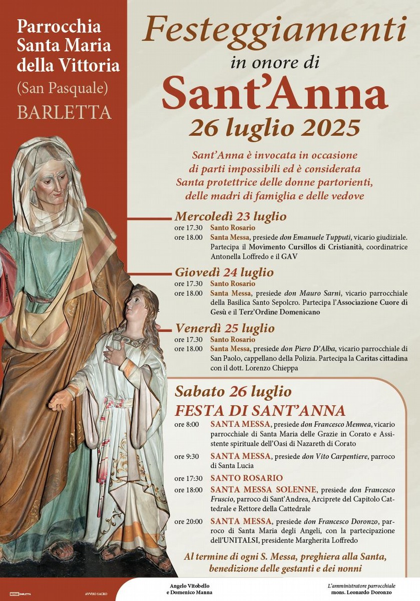 Festa di Sant’Anna: al via il triduo, quattro giorni di preghiera e devozione a Barletta