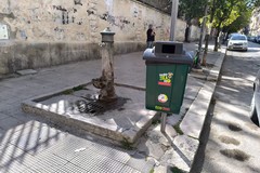 Cestino per deiezioni canine accanto alla fontana dell'acqua. «Odori sgradevoli»