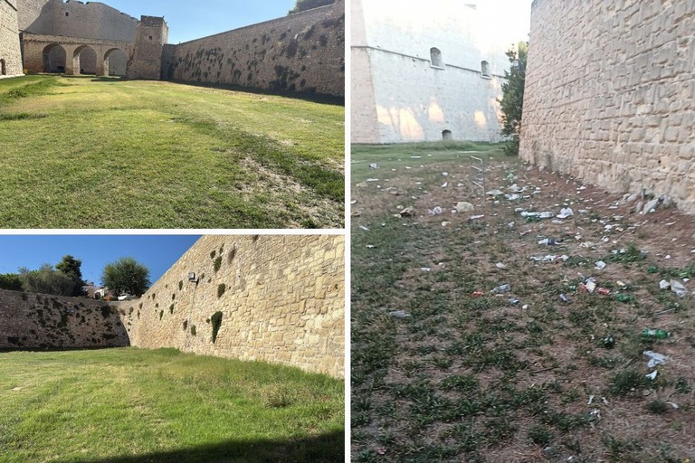 Rifiuti nel fossato del castello di Barletta dopo la pulizia