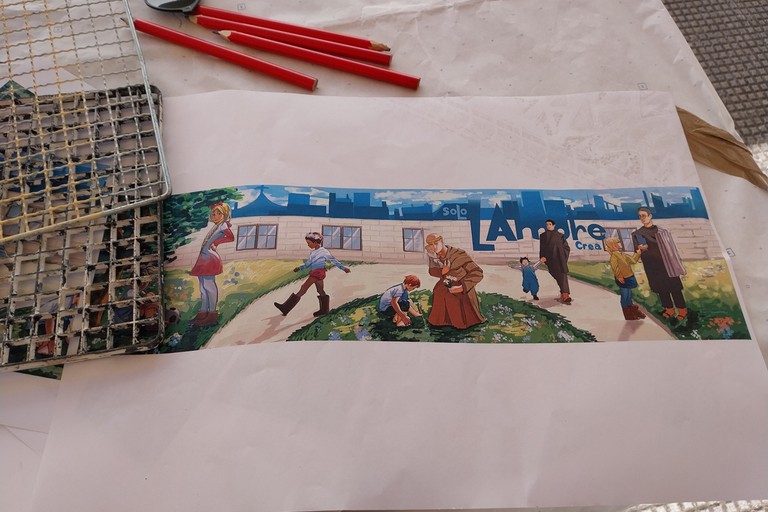realizzazione murale Villaggio del Fanciullo. <span>Foto Cosimo Campanella</span>