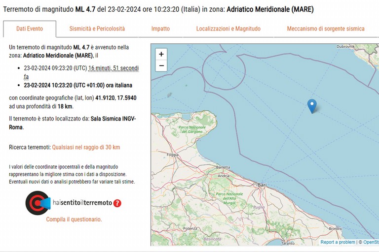 Scossa di terremoto avvertita a Barletta e nel nord barese